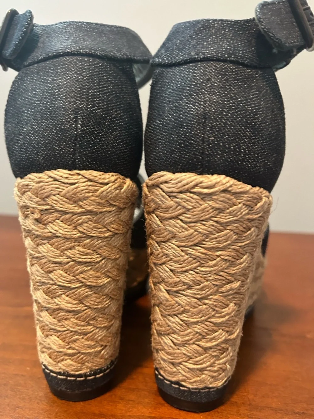 Stuart Weitzman Sohojute Dark Denim Espadrille Ankle-Strap Wedge Sandals - Picture 11 of 15